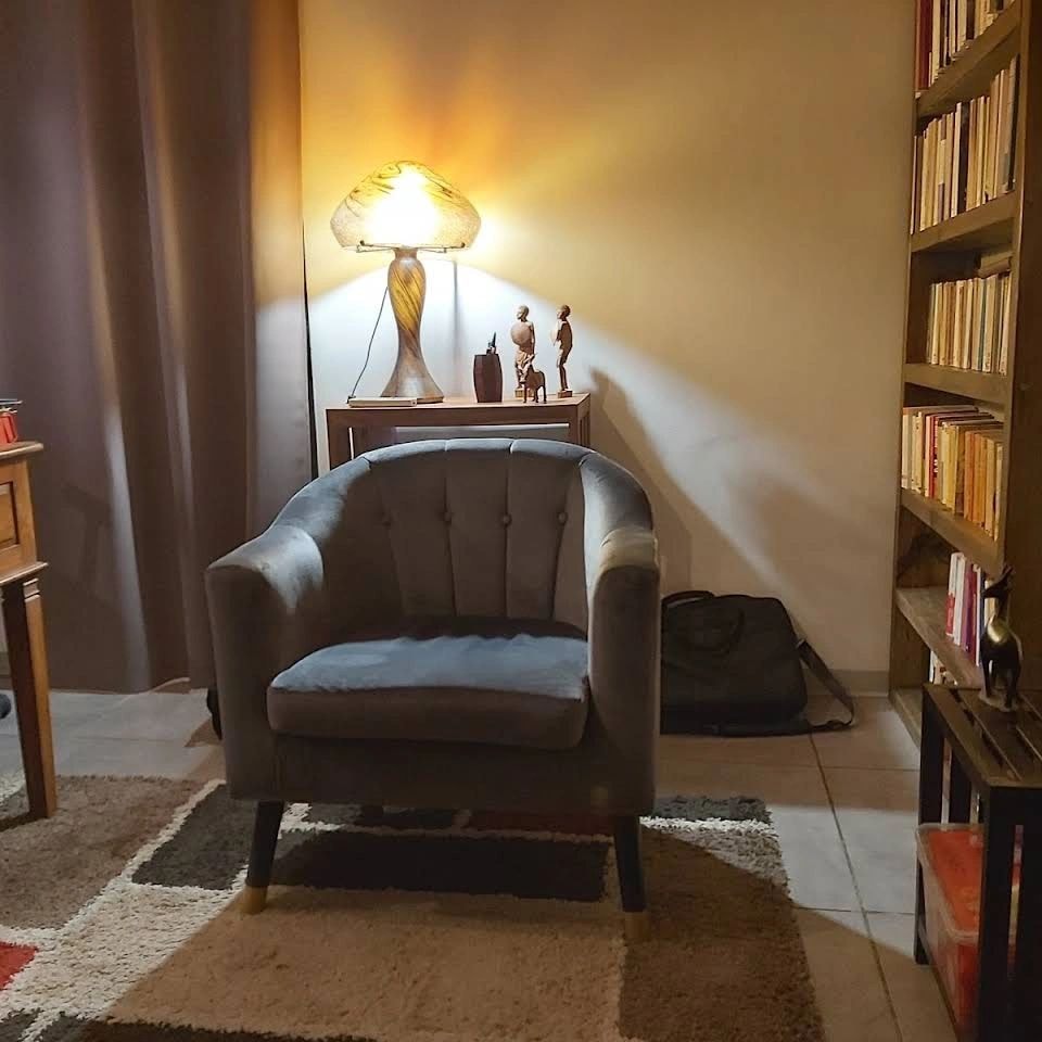 Cabinet de psychanalyse — bibliothèque et fauteuil